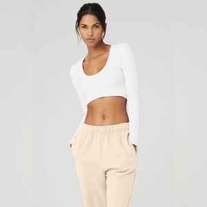 ALO Yoga White Long-Sleeve Ribbed Crop Top